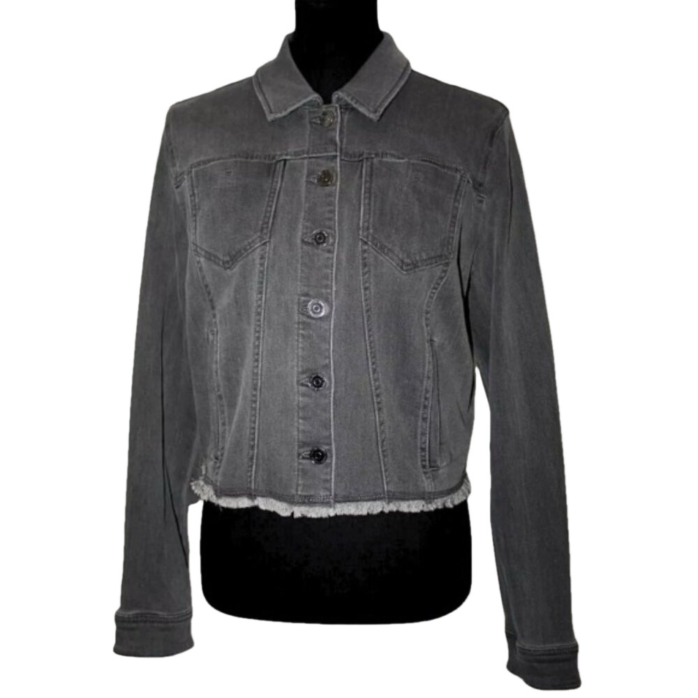 Susan Graver Gray Stretch Denim Jacket L with Frayed Hem